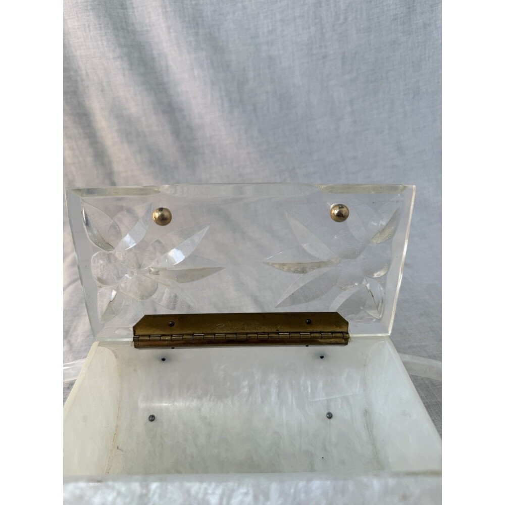 Vintage Rialto NY Lucite Purse white Pearl Clear Floral Lid Handbag Clutch 50’s - Picture 11 of 11